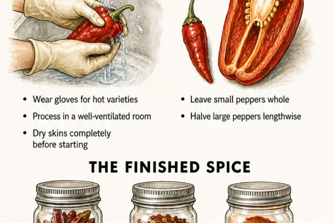 Illustration comparing three methods for drying peppers: using a dehydrator, an oven, or hang-drying.
