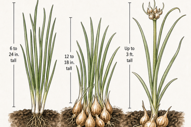 Botanical illustration comparing Welsh, Potato, and Egyptian multiplier onion varieties showing bulbs and green tops.