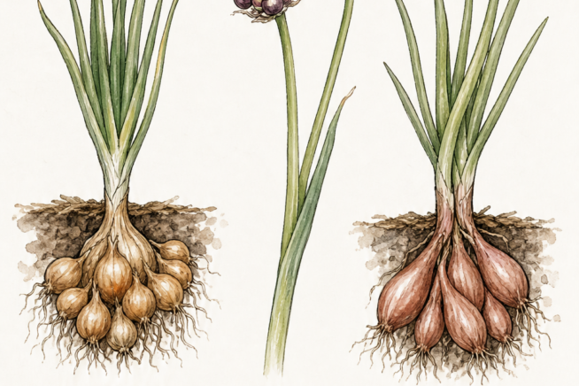 Botanical illustration comparing bulbing onions, top-set walking onions, and shallots with their growth habits.