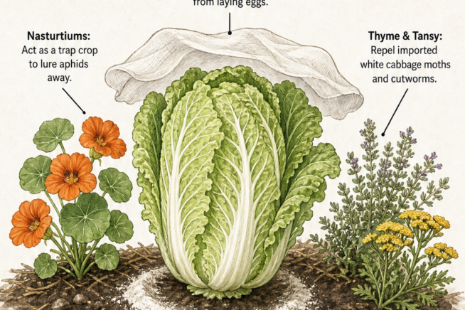 Illustration of a Napa cabbage surrounded by companion plants like nasturtiums and thyme, plus row covers and diatomaceous earth for pest control.