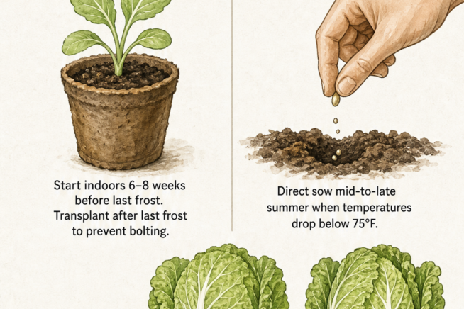 Botanical illustration showing Napa cabbage planting timeline for spring and fall harvests, plus soil depth and spacing requirements.