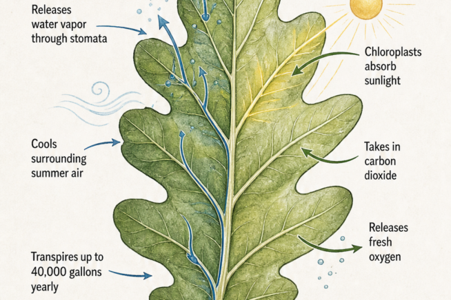 Botanical illustration showing how an oak leaf breathes through transpiration and photosynthesis