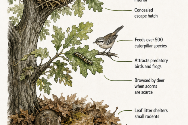 Illustration of an oak tree showing wildlife habitats from the canopy to the forest floor