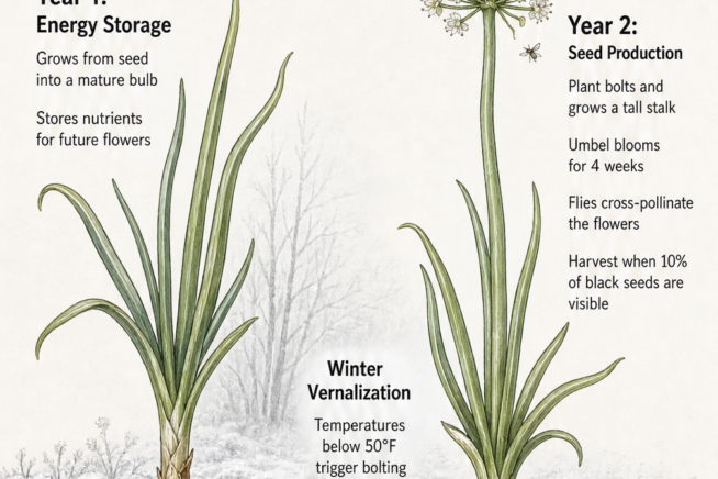 Botanical illustration showing the biennial growth cycle of an onion from seed to bulb in year one, and bolting to produce a flowering umbel in year two.