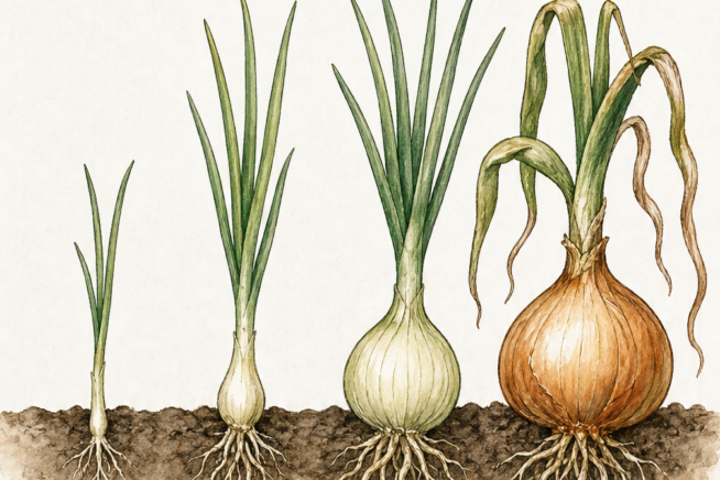 Botanical cross-section illustration showing the four growth stages of an onion in the soil and when to apply fertilizer.