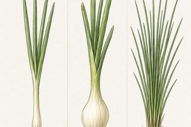 Botanical illustration comparing scallions, spring onions, and chives, highlighting the differences in their bulbs and stalks.