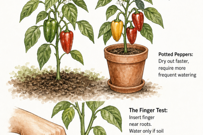 Illustration showing pepper plant watering frequency for potted and garden plants, including the finger test for soil moisture.