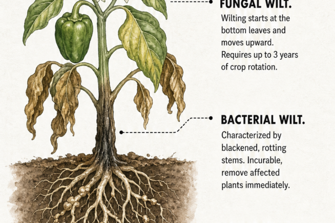 Botanical cross-section of a pepper plant showing fungal wilt on leaves, bacterial wilt on the stem, and root nematodes