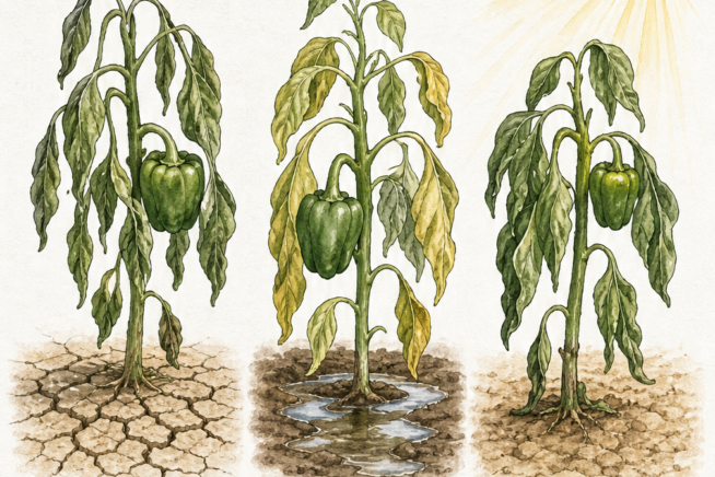 Illustration showing three pepper plants wilting due to underwatering, overwatering, and heat stress
