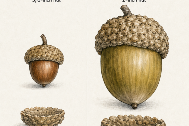 Watercolor illustration comparing the small pin oak acorn to the large bur oak acorn