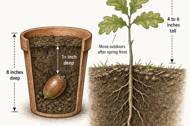 Illustration showing an acorn planted in a pot and a young oak seedling growing outdoors with a deep taproot.