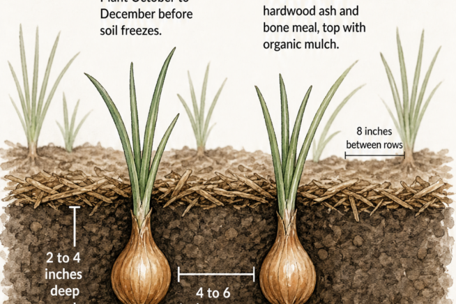 Cross-section diagram showing multiplying onions planted 2 to 4 inches deep and spaced 4 to 6 inches apart.