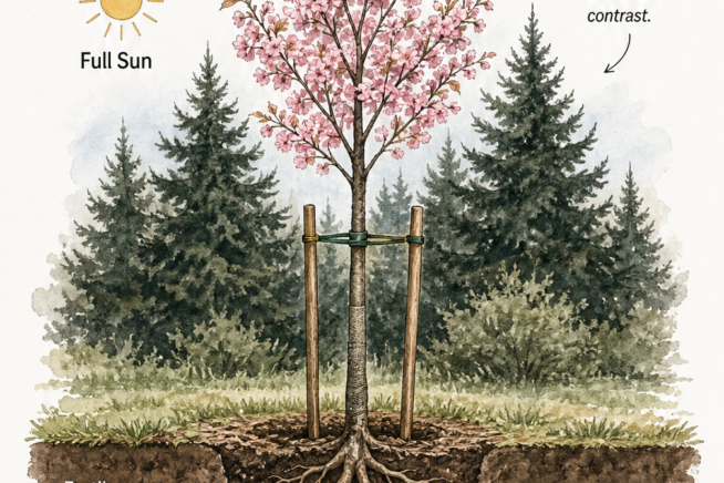 Illustration of planting a Kwanzan cherry tree showing USDA zones 5 to 8, full sun requirement, and well-drained soil.