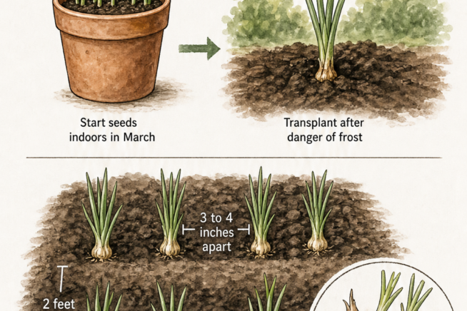 Gardening illustration showing how to plant multiplier onions, including seed starting, transplanting, and proper spacing in the garden bed.