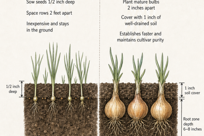 Diagram comparing the seed-to-seed method and bulb-to-seed method for planting onions, showing planting depths and spacing.