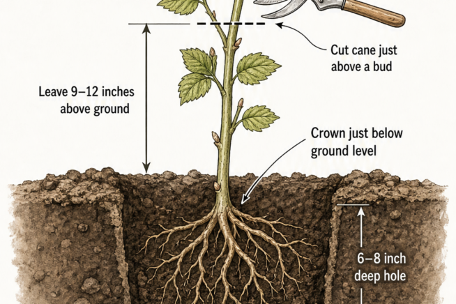 Cross-section illustration of a newly planted raspberry sucker showing the correct planting depth and pruning cut above a bud.