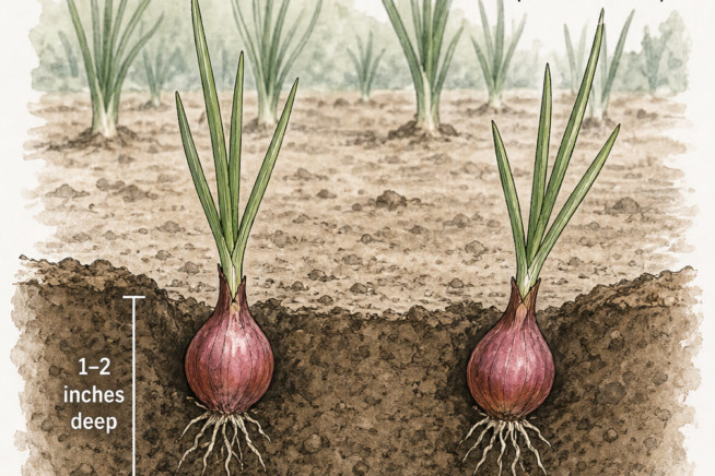 Botanical illustration showing red onion sets planted 1 to 2 inches deep and 3 to 4 inches apart in a garden bed.