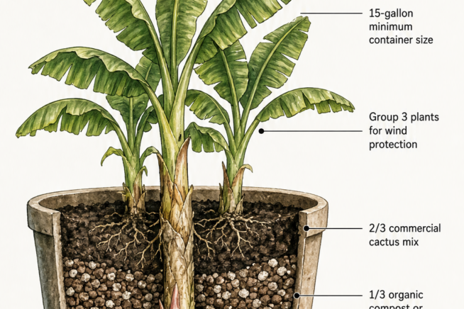Botanical cross-section illustration of a potted banana tree showing the underground rhizome, soil layers, and container setup requirements.