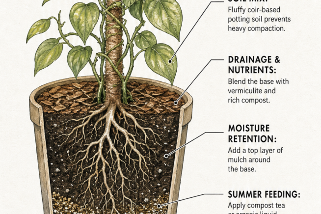 Cross-section illustration of a potted black pepper plant showing soil mix, drainage, and mulch layers.