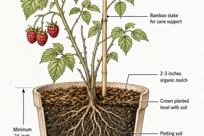 Cross-section illustration of a potted raspberry plant showing soil layers, a bamboo stake, and drainage holes.