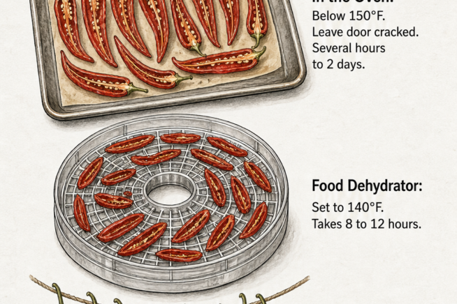 Illustration showing how to prepare cayenne peppers by slicing them lengthwise, removing seeds, and keeping stems attached for air drying.