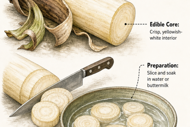 Illustration showing how to prepare a banana stalk for eating, from peeling the outer layers to slicing the edible core.