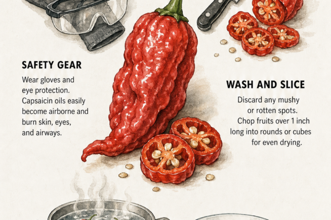 Illustration showing how to prepare ghost peppers for drying, including wearing safety gear, washing and slicing, and optional blanching.