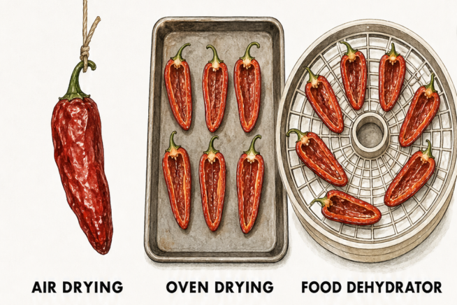 Illustration showing a red and green jalapeno pepper, and gloved hands slicing a red jalapeno to remove seeds.