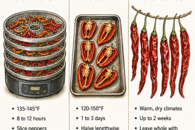 Illustration showing how to prepare peppers for drying, including washing with gloves, halving large peppers, and the final dried spice forms.