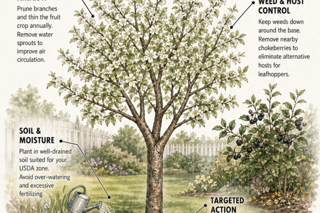 Cross-section illustration of a healthy cherry tree showing care techniques for the canopy, surroundings, soil, and trunk.