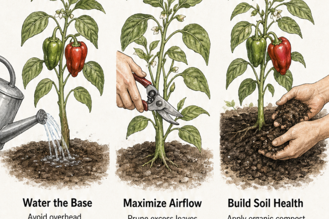 Illustrations showing how to prevent pepper diseases by watering the base, pruning for airflow, and building soil health with compost.