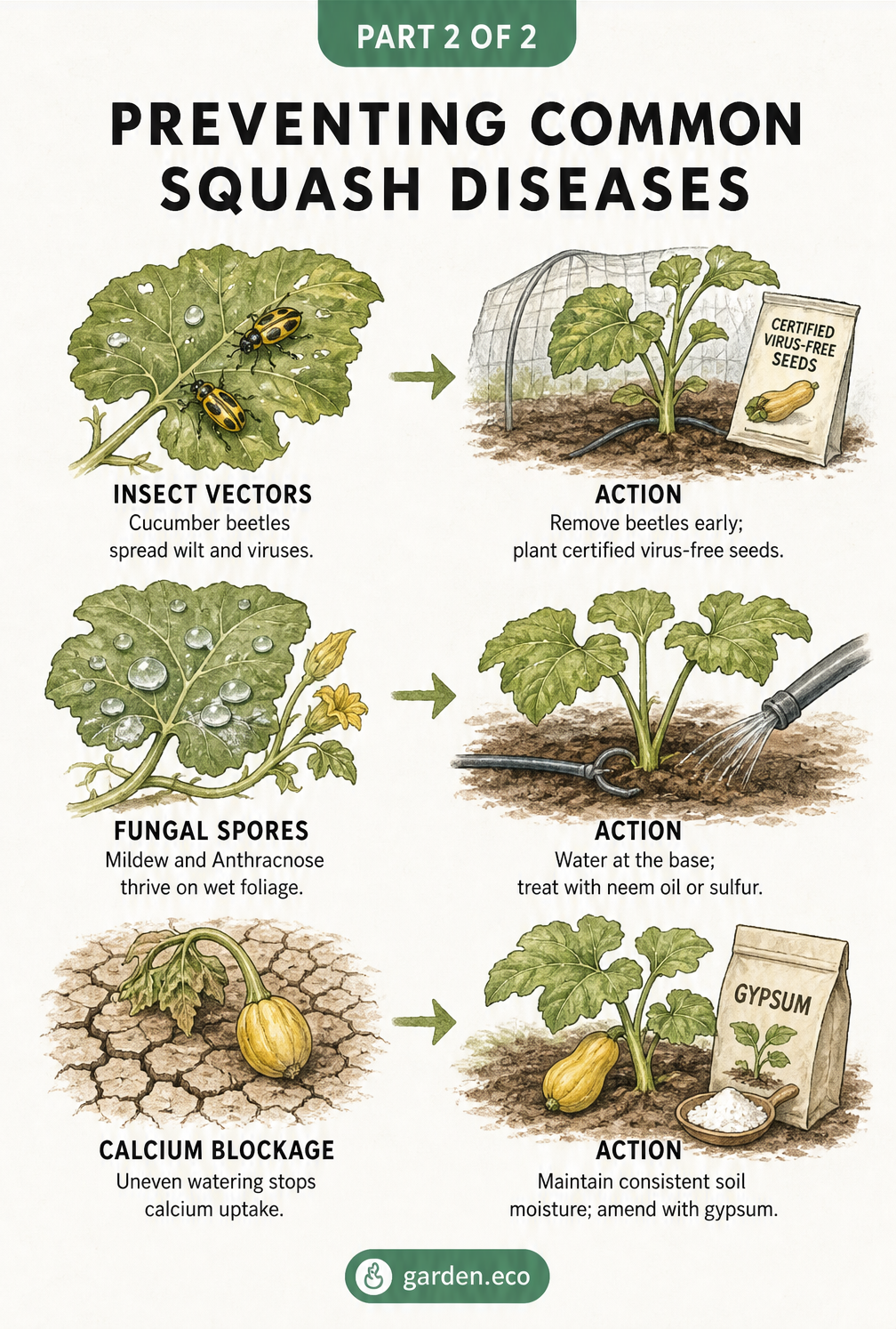 Illustrated guide showing how to prevent squash diseases by controlling insect vectors, managing fungal spores, and preventing calcium blockage