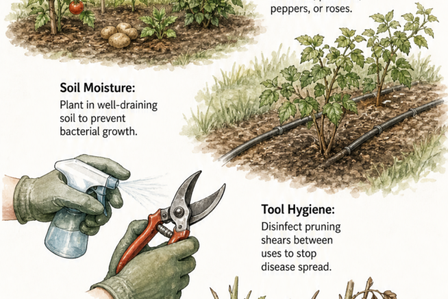 Four garden scenes illustrating crop rotation, soil moisture control, tool hygiene, and blight removal for raspberry plants.