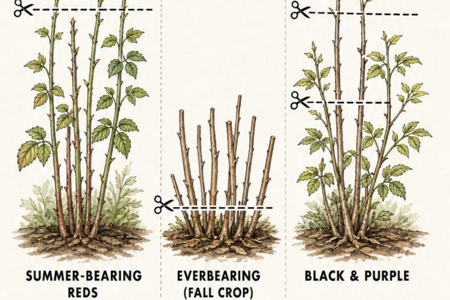 Illustration showing pruning techniques for summer-bearing red, everbearing, and black or purple raspberry bushes