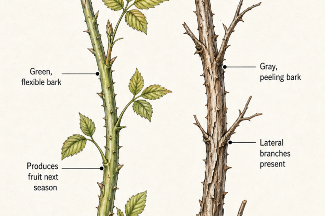 Botanical illustration comparing a green first-year raspberry primocane with a brown second-year floricane