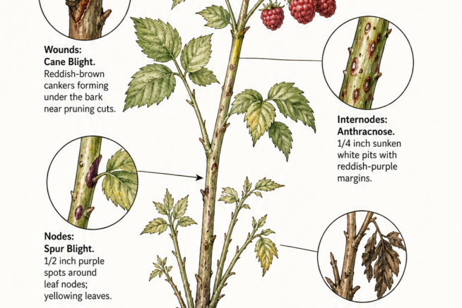 Botanical illustration showing raspberry disease symptoms on the crown, internodes, nodes, wounds, and stems.