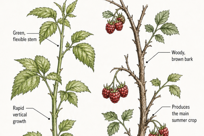 Botanical illustration comparing green first-year primocanes and woody second-year floricanes of a raspberry bush.