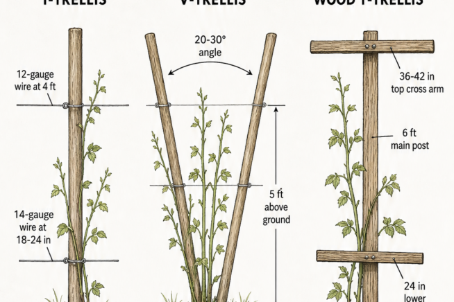 Illustration comparing three raspberry trellis designs: I-Trellis, V-Trellis, and Wood T-Trellis with dimensions and wire heights.