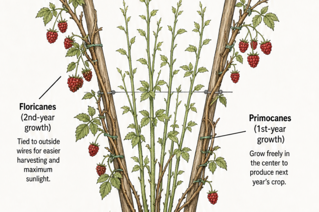 Cross-section illustration of a raspberry V-Trellis showing floricanes tied to outside wires and primocanes growing in the center.