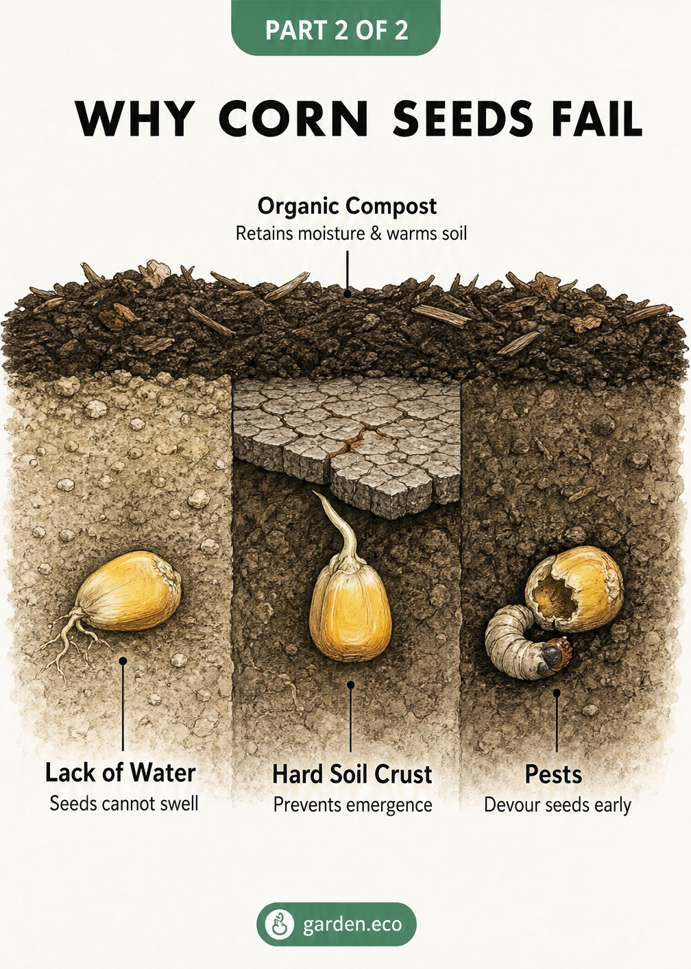 Illustration showing three reasons corn seeds fail to germinate: lack of water preventing swelling, hard soil crust blocking emergence, and underground pests...