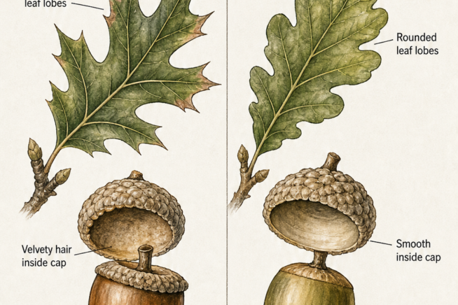 Botanical illustration comparing red oak and white oak acorns and leaves