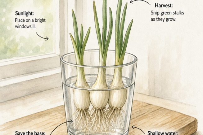 Illustration showing how to regrow onion stalks indoors in a glass of shallow water on a windowsill.