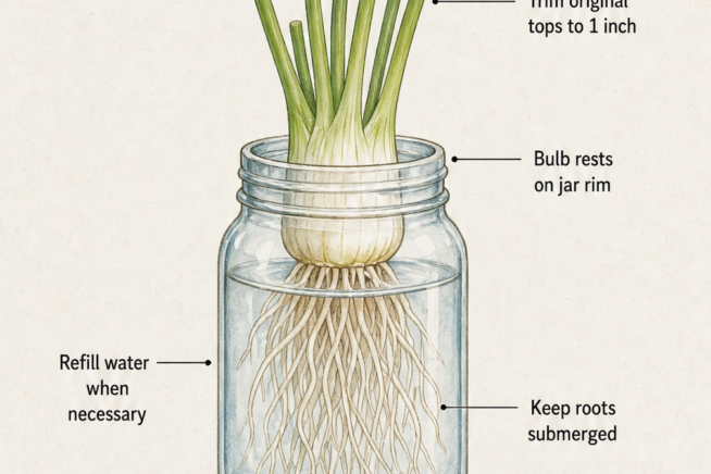 Botanical illustration of a scallion regrowing in a water-filled mason jar with roots submerged.