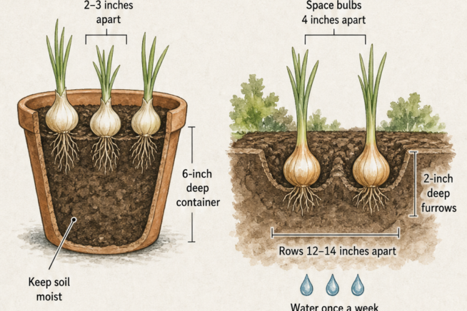Cross-section illustration showing how to replant onions in a terracotta pot and a garden bed with spacing and depth guidelines.