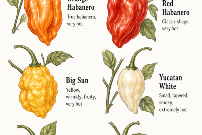 Botanical illustration showing six different habanero pepper varieties with their ripe colors, shapes, and heat levels.