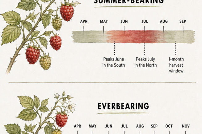 Botanical illustration demonstrating how to identify ripe raspberries and the proper picking technique