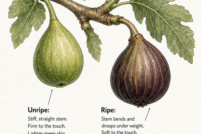 Comparison of an unripe green fig with a stiff stem and a ripe dark fig with a drooping stem.