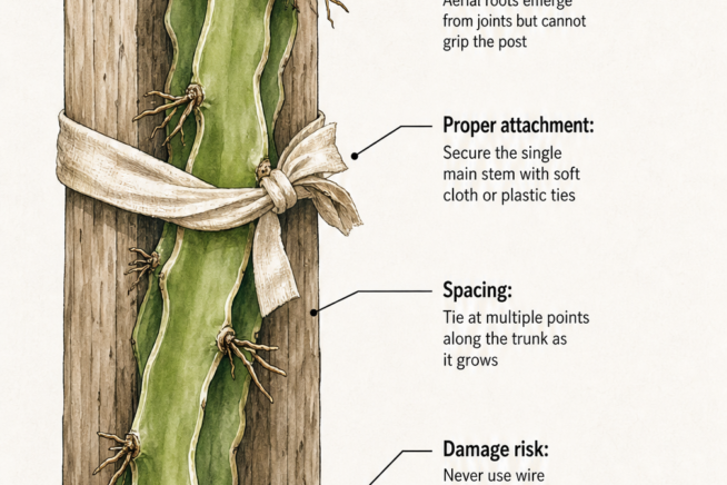 Close-up illustration showing how to secure a dragon fruit stem to a wooden post using soft cloth ties