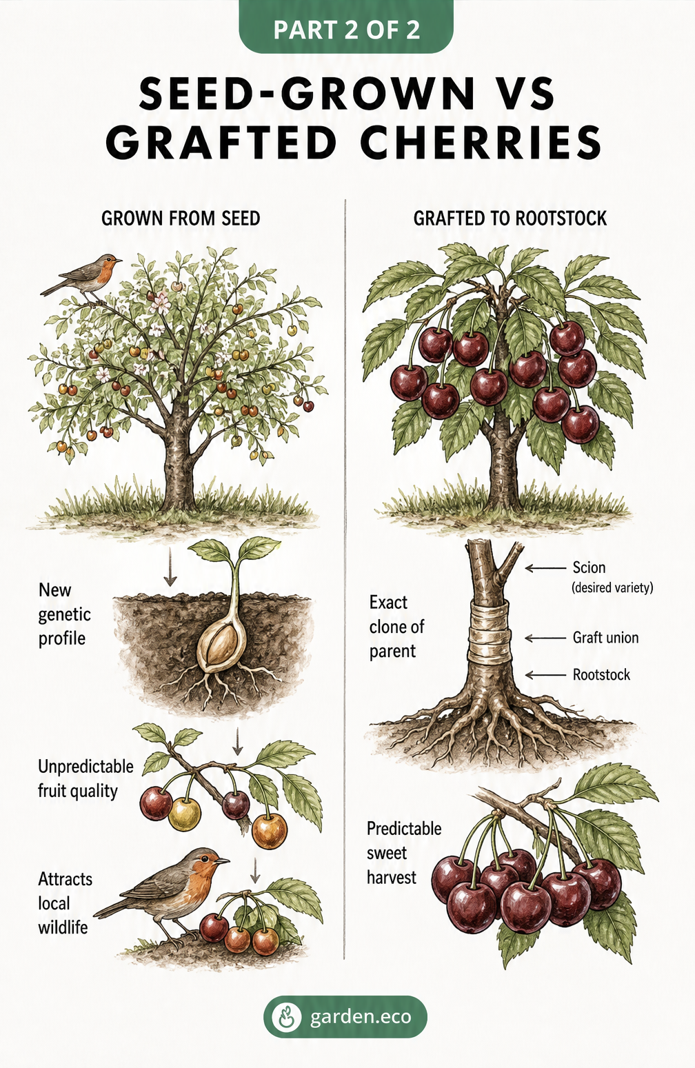 Comparison illustration of a seed-grown cherry tree with unpredictable fruit versus a grafted cherry tree producing exact clones of sweet cherries.