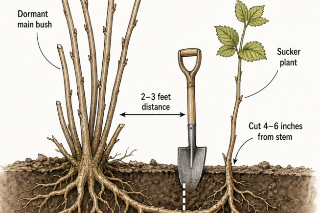 Cross-section illustration showing how to separate a dormant raspberry sucker from the main bush by cutting the connecting root.